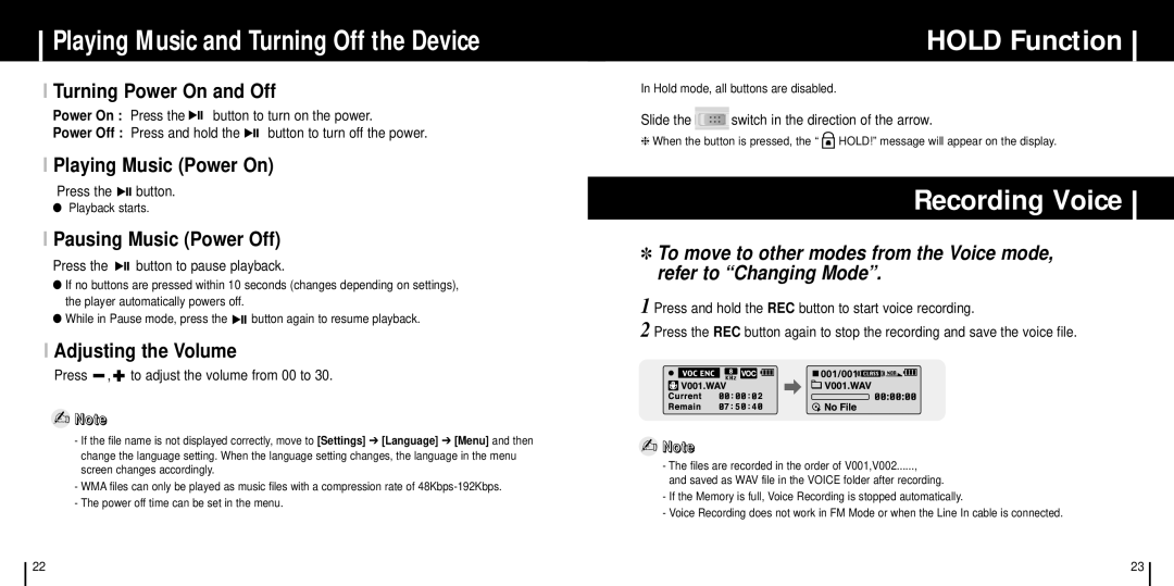 Samsung YP-C1XBL/ELS, YP-C1Z/ELS, YP-C1X/ELS manual Playing Music and Turning Off the Device, Hold Function, Recording Voice 