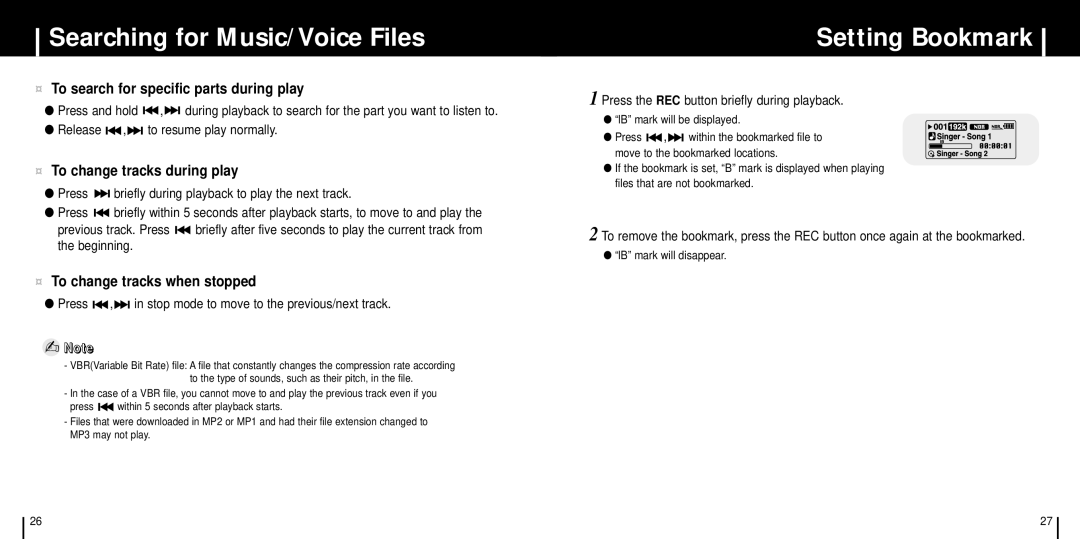 Samsung YP-C1X/ELS manual Searching for Music/Voice Files, Setting Bookmark, ¤ To search for specific parts during play 