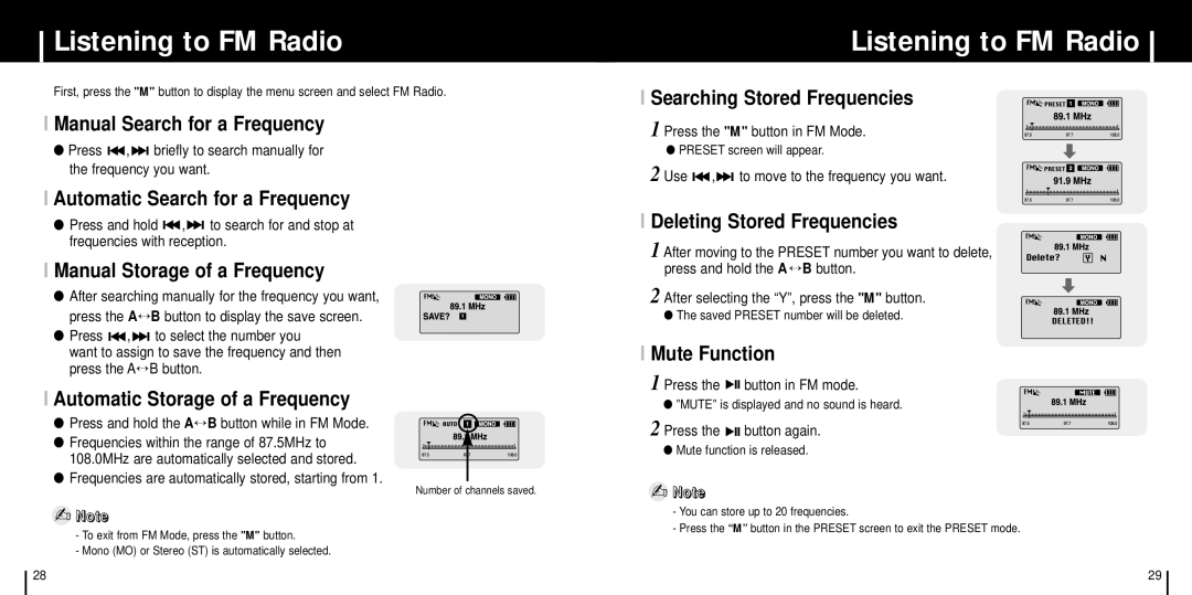 Samsung YP-C1V/ELS, YP-C1XBL/ELS, YP-C1Z/ELS, YP-C1X/ELS manual Listening to FM Radio 