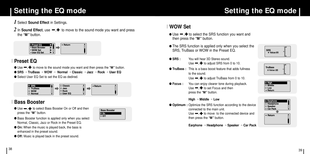 Samsung YP-C1XBL/ELS Setting the EQ mode, Preset EQ, Bass Booster, WOW Set, Select User EQ Set to set the EQ as dedired 