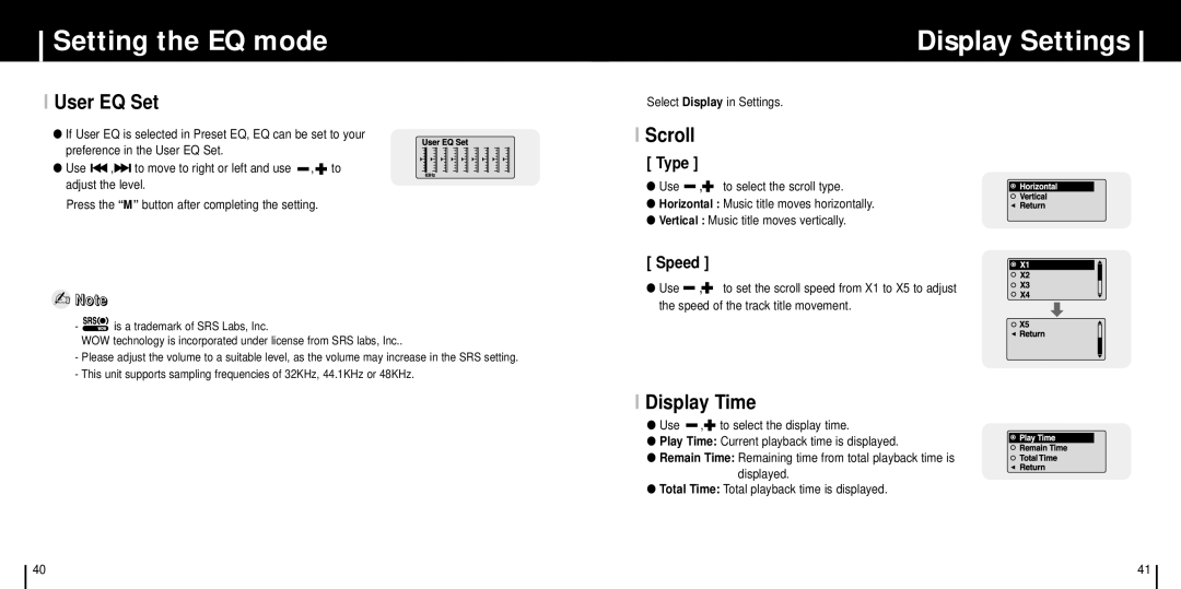 Samsung YP-C1Z/ELS, YP-C1XBL/ELS, YP-C1X/ELS, YP-C1V/ELS manual Display Settings, User EQ Set, Scroll, Display Time 