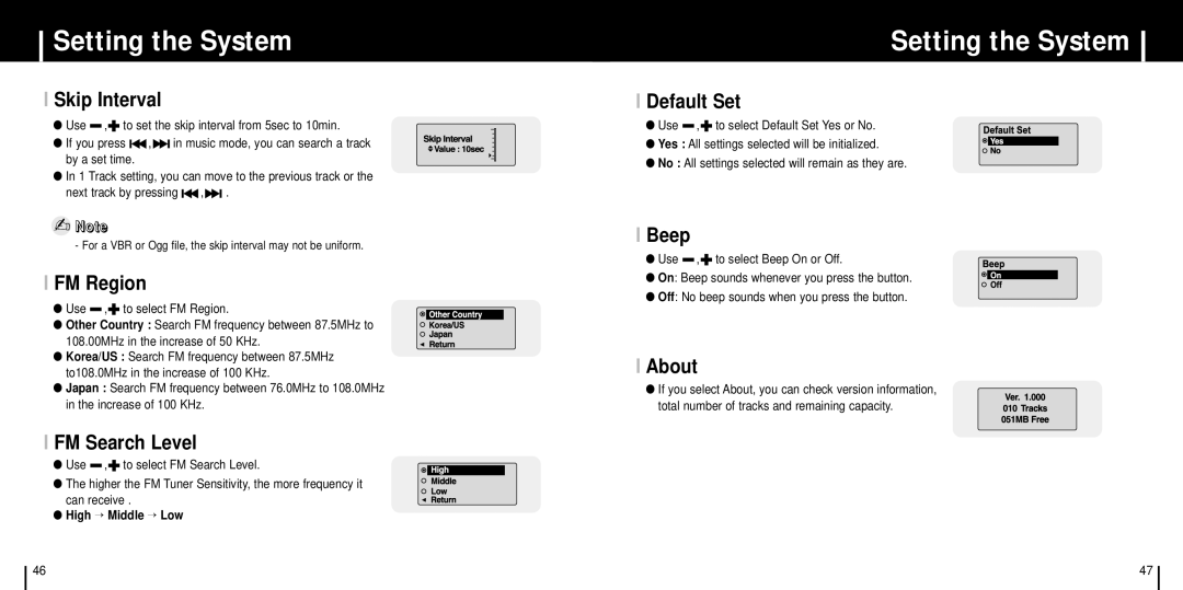 Samsung YP-C1XBL/ELS, YP-C1Z/ELS, YP-C1X/ELS, YP-C1V/ELS Skip Interval, FM Region, FM Search Level, Default Set, Beep, About 