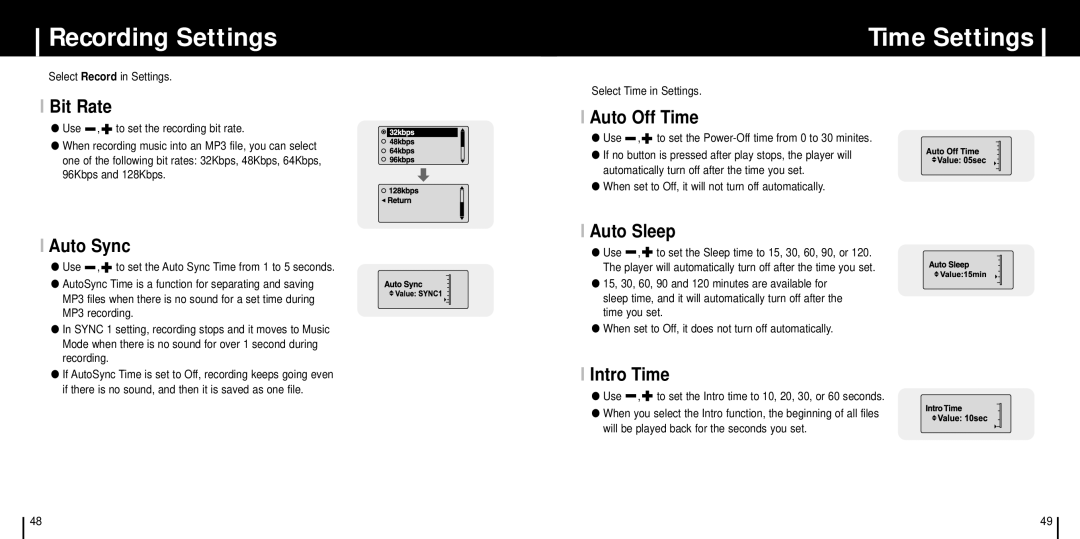 Samsung YP-C1Z/ELS, YP-C1XBL/ELS, YP-C1X/ELS, YP-C1V/ELS manual Recording Settings, Time Settings 