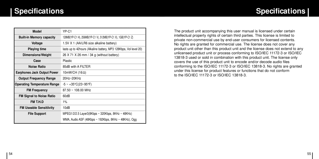 Samsung YP-C1XBL/ELS, YP-C1Z/ELS, YP-C1X/ELS, YP-C1V/ELS manual Specifications 