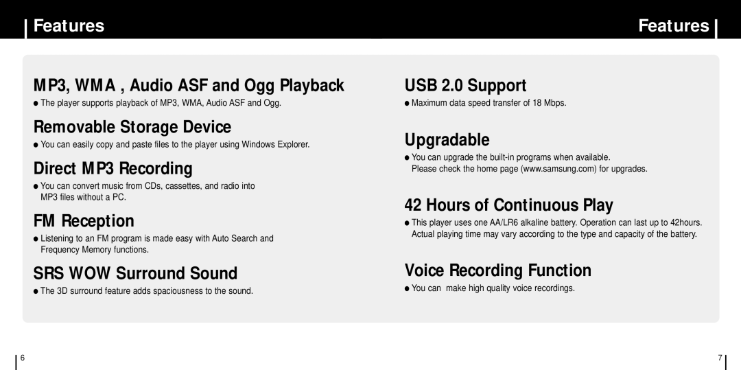 Samsung YP-C1XBL/ELS, YP-C1Z/ELS, YP-C1X/ELS, YP-C1V/ELS manual Features 