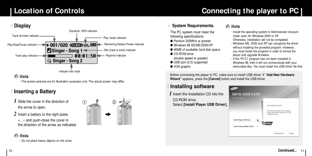 Samsung YP-C1X/ELS Location of Controls Connecting the player to PC, Display, Inserting a Battery, Installing software 