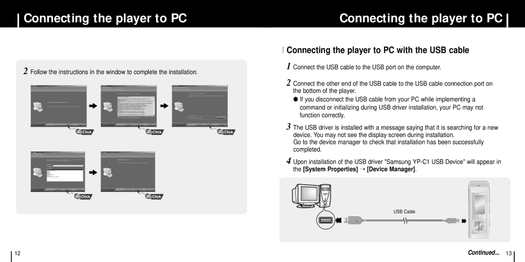 Samsung YP-C1V/ELS, YP-C1XBL/ELS, YP-C1Z/ELS, YP-C1X/ELS manual Connecting the player to PC with the USB cable 