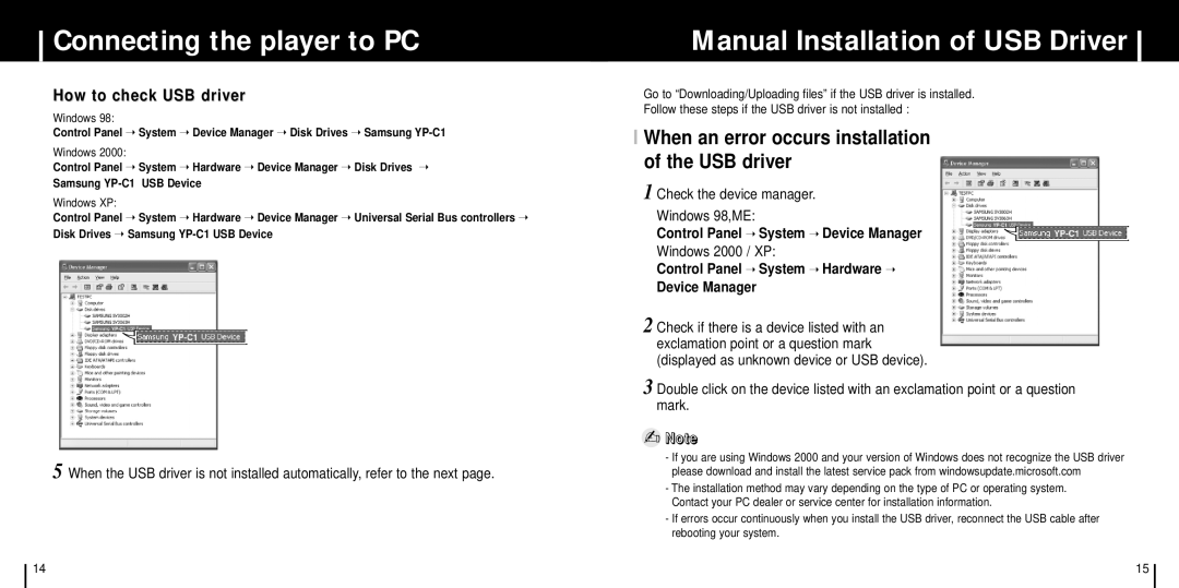 Samsung YP-C1XBL/ELS, YP-C1Z/ELS Manual Installation of USB Driver, When an error occurs installation of the USB driver 