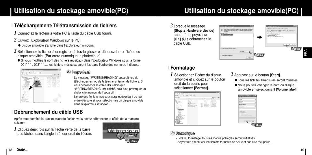 Samsung YP-C1Z/ELS, YP-C1X/ELS Utilisation du stockage amoviblePC, Téléchargement/Télétransmission de fichiers, Formatage 