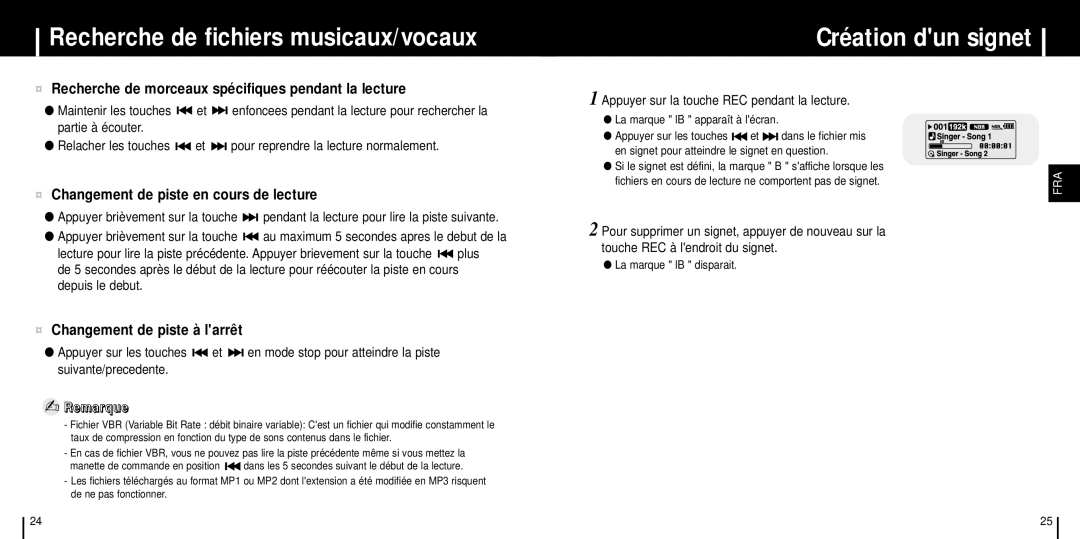 Samsung YP-C1Z/ELS Recherche de fichiers musicaux/vocaux, Création dun signet, ¤ Changement de piste en cours de lecture 