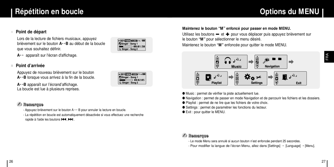 Samsung YP-C1X/ELS, YP-C1XBL/ELS, YP-C1Z/ELS Répétition en boucle, Options du Menu, ¤ Point de départ, ¤ Point d’arrivée 