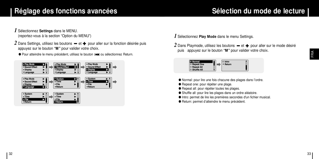 Samsung YP-C1X/ELS manual Réglage des fonctions avancées, Sélection du mode de lecture, Dans Playmode, utilisez les boutons 