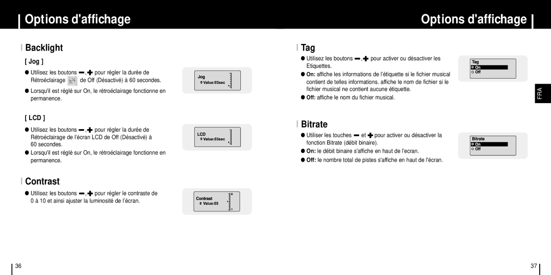 Samsung YP-C1Z/ELS, YP-C1XBL/ELS, YP-C1X/ELS manual Backlight, Contrast, Tag, Bitrate 