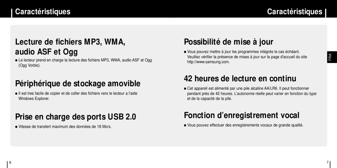 Samsung YP-C1Z/ELS, YP-C1XBL/ELS, YP-C1X/ELS manual Heures de lecture en continu, Caractéristiques 