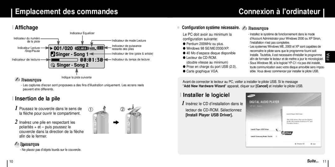 Samsung YP-C1XBL/ELS, YP-C1Z/ELS manual Emplacement des commandes Connexion à lordinateur, Affichage, Insertion de la pile 