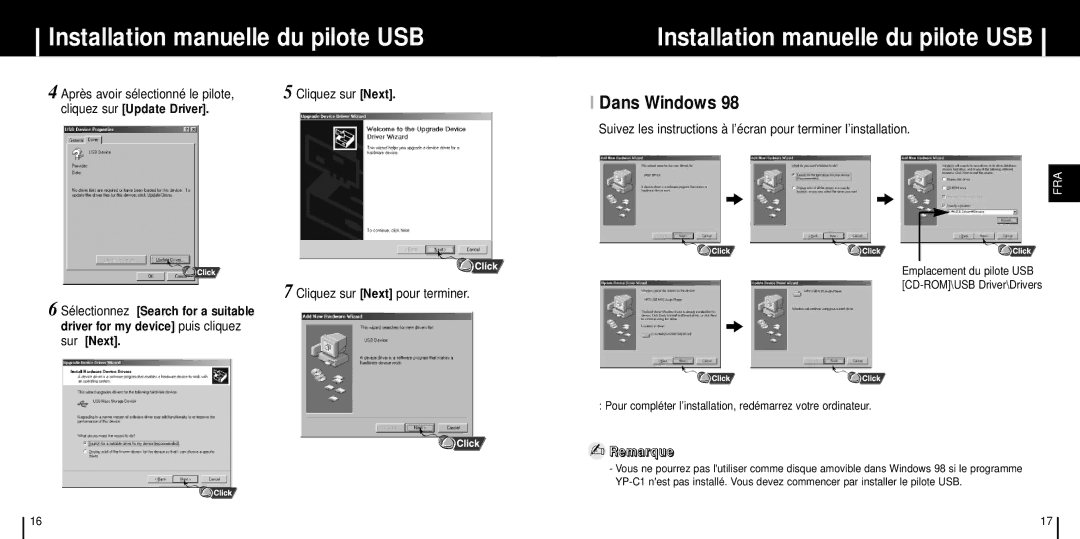 Samsung YP-C1XBL/ELS, YP-C1Z/ELS, YP-C1X/ELS manual Dans Windows, Après avoir sélectionné le pilote, Cliquez sur Next 