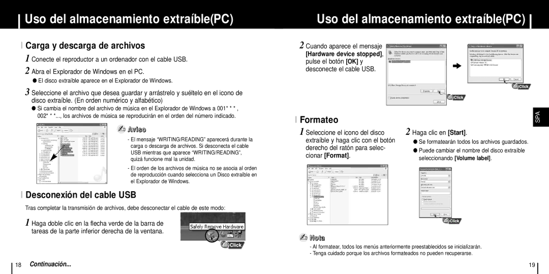 Samsung YP-C1X/ELS Uso del almacenamiento extraíblePC, Carga y descarga de archivos, Desconexión del cable USB, Formateo 