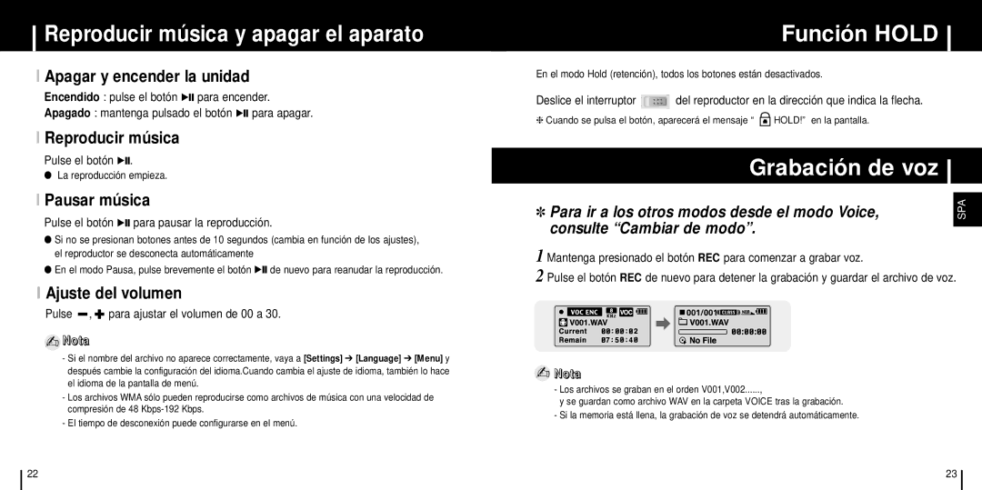 Samsung YP-C1X/ELS manual Reproducir música y apagar el aparato, Función Hold, Grabación de voz 