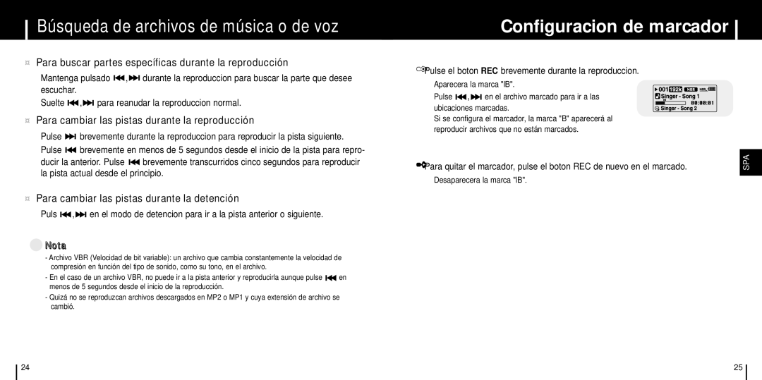 Samsung YP-C1X/ELS manual Búsqueda de archivos de música o de voz, Configuracion de marcador, Desaparecera la marca lB 