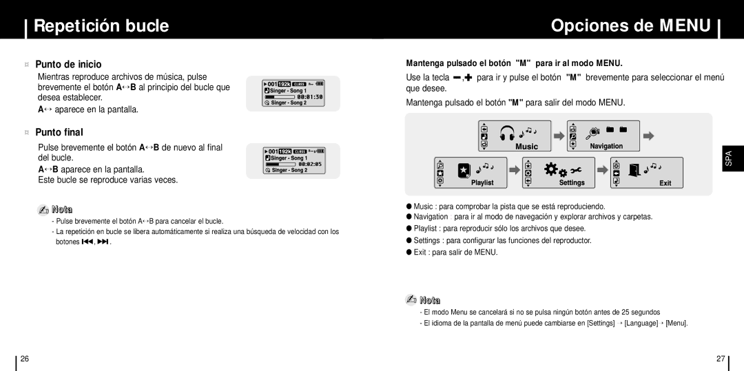 Samsung YP-C1X/ELS manual Repetición bucle, Opciones de Menu 