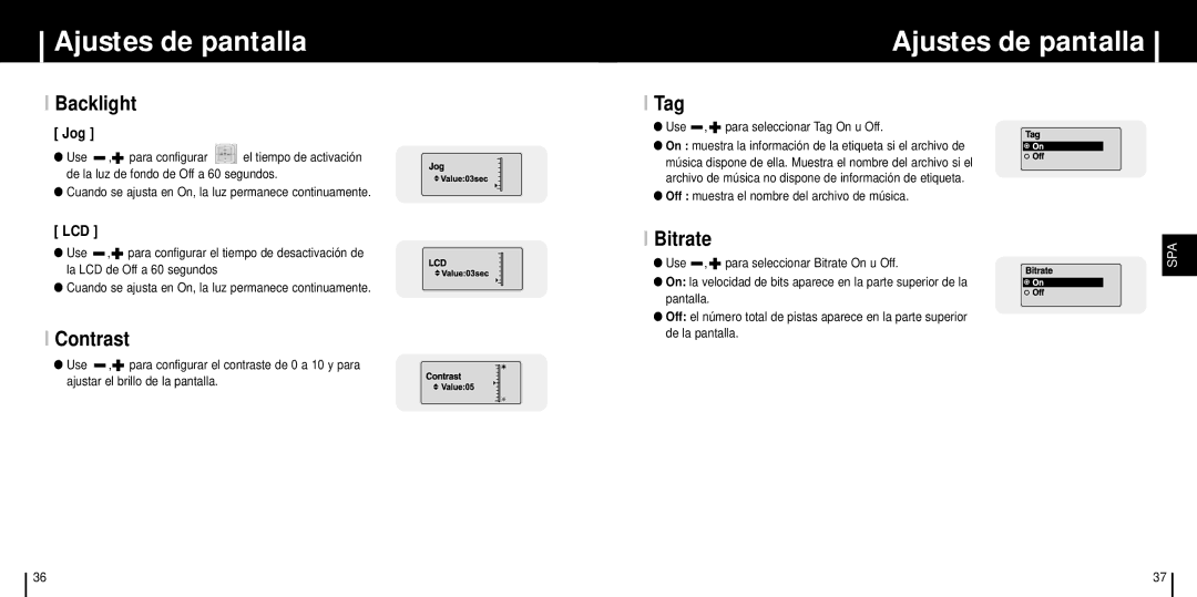 Samsung YP-C1X/ELS manual Backlight, Contrast, Tag, Bitrate 