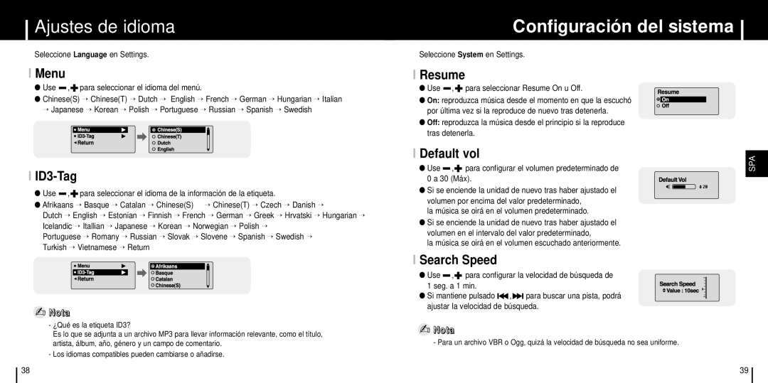 Samsung YP-C1X/ELS manual Ajustes de idioma, Configuración del sistema 