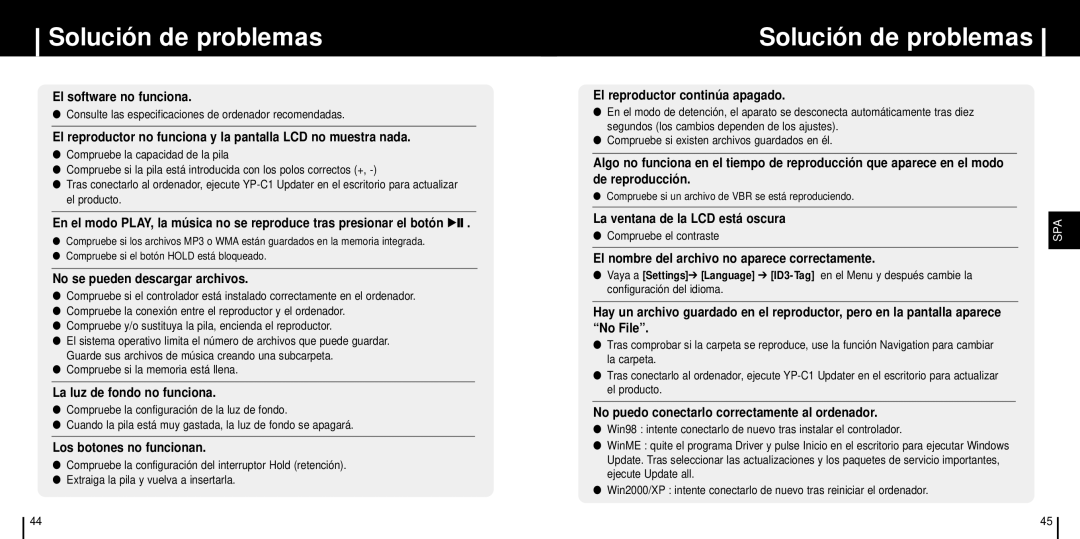 Samsung YP-C1X/ELS manual Solución de problemas 