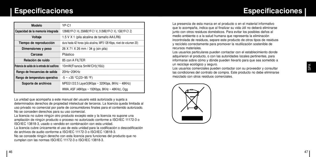 Samsung YP-C1X/ELS manual Especificaciones 