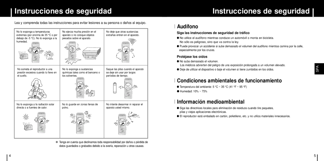 Samsung YP-C1X/ELS manual Instrucciones de seguridad, Audífono, Condiciones ambientales de funcionamiento 