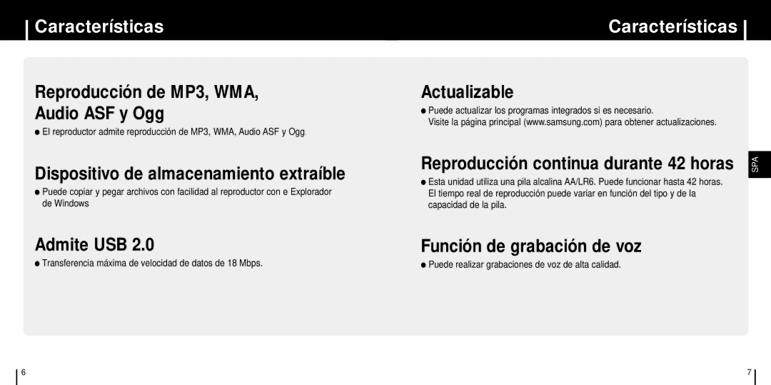 Samsung YP-C1X/ELS manual Características, Transferencia máxima de velocidad de datos de 18 Mbps 