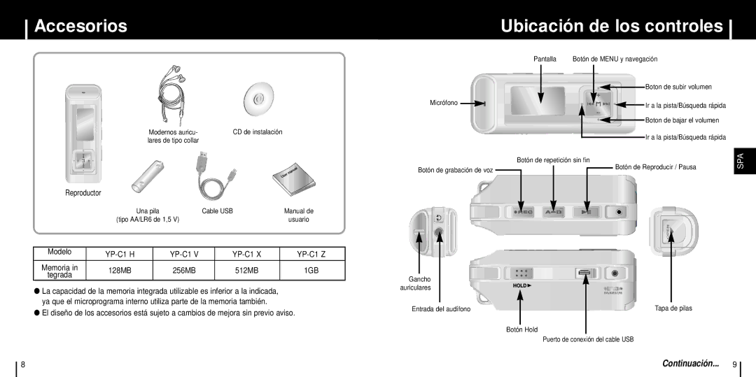 Samsung YP-C1X/ELS manual Accesorios Ubicación de los controles, Reproductor, Modelo 