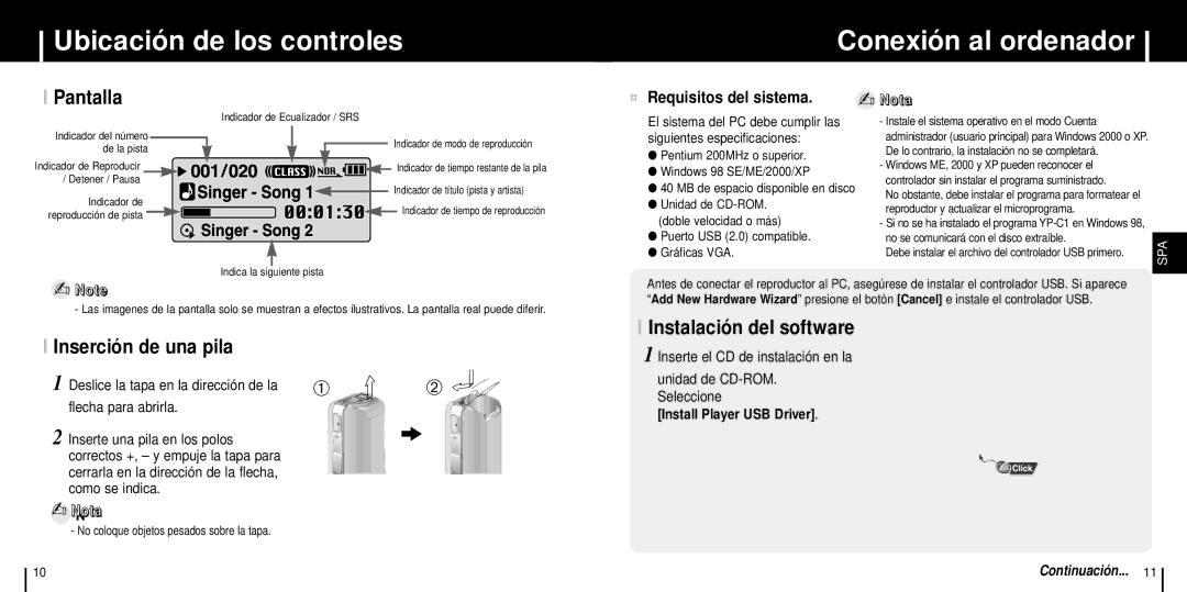 Samsung YP-C1X/ELS manual Ubicación de los controles Conexión al ordenador, Pantalla, Inserción de una pila, Nota 