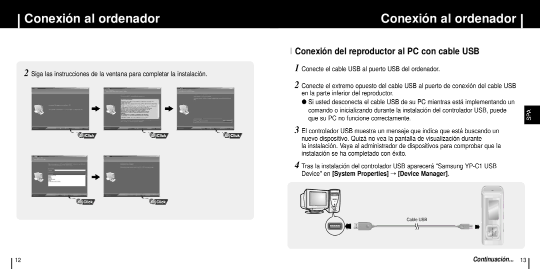 Samsung YP-C1X/ELS manual Conexión del reproductor al PC con cable USB, Conecte el cable USB al puerto USB del ordenador 