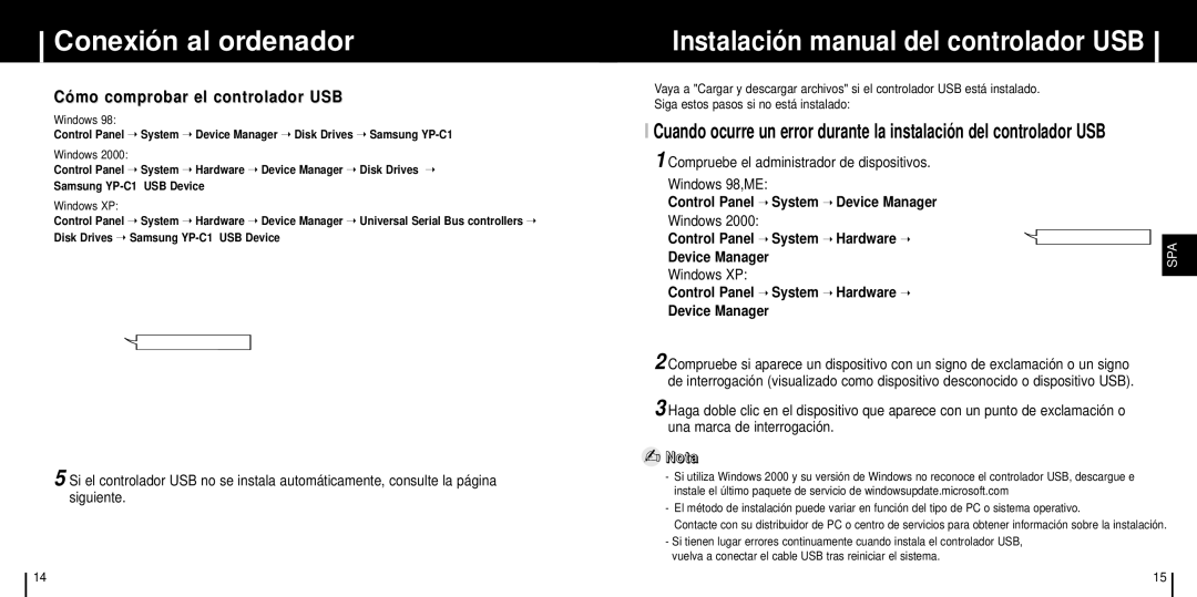 Samsung YP-C1X/ELS Instalación manual del controlador USB, Compruebe el administrador de dispositivos, Device Manager 