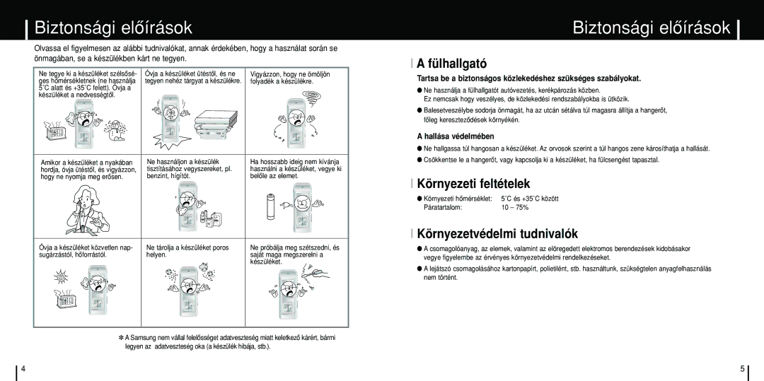 Samsung YP-C1Z/ELS, YP-C1X/ELS manual Biztonsági elôírások, Fülhallgató, Környezeti feltételek, Környezetvédelmi tudnivalók 