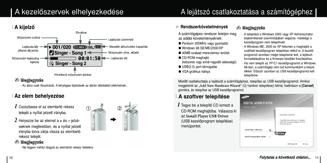 Samsung YP-C1Z/ELS, YP-C1X/ELS Lejátszó csatlakoztatása a számítógéphez, Kijelzô, Az elem behelyezése, Szoftver telepítése 