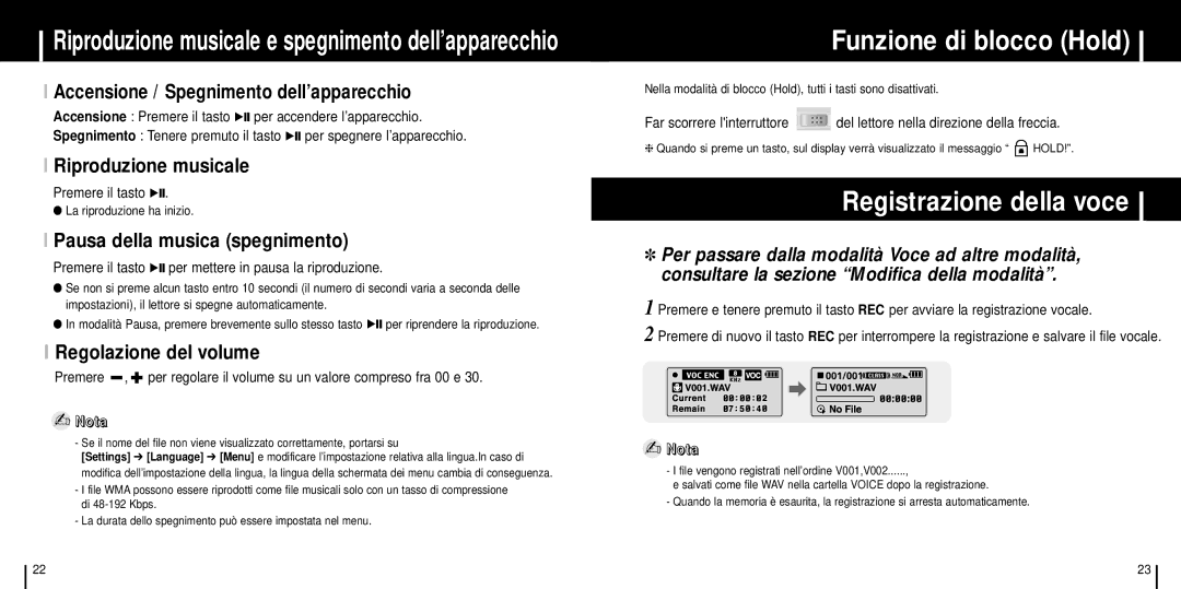 Samsung YP-C1Z/ELS manual Registrazione della voce, Accensione / Spegnimento dell’apparecchio, Riproduzione musicale 