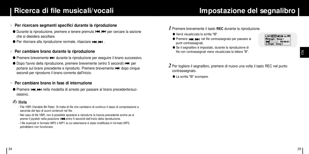 Samsung YP-C1Z/ELS manual Ricerca di file musicali/vocali, Impostazione del segnalibro, Per 