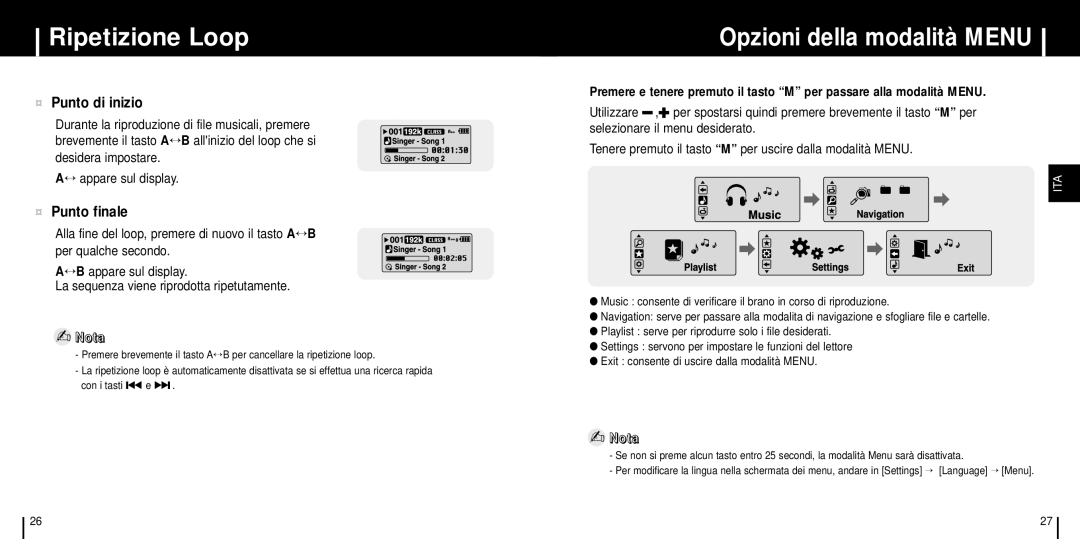 Samsung YP-C1Z/ELS manual Ripetizione Loop, Opzioni della modalità Menu 