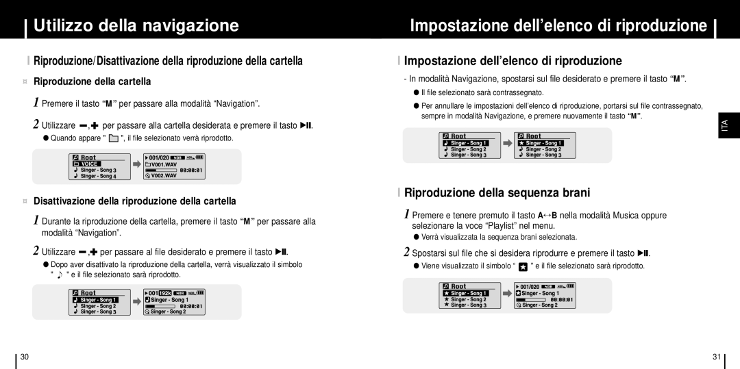 Samsung YP-C1Z/ELS manual Impostazione dell’elenco di riproduzione, Riproduzione della sequenza brani 