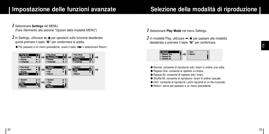 Samsung YP-C1Z/ELS manual Impostazione delle funzioni avanzate, Selezione della modalità di riproduzione 