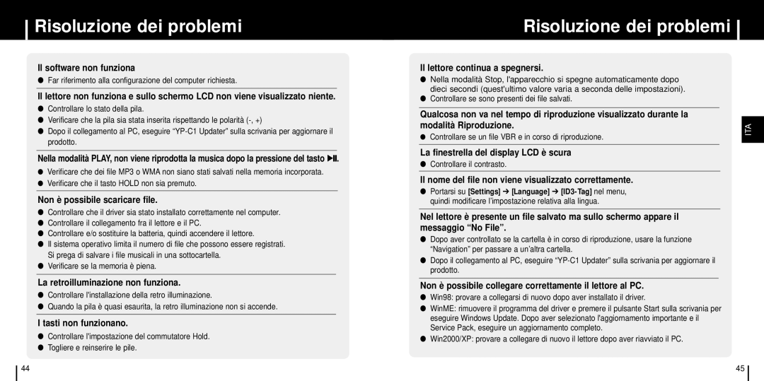 Samsung YP-C1Z/ELS manual Risoluzione dei problemi 