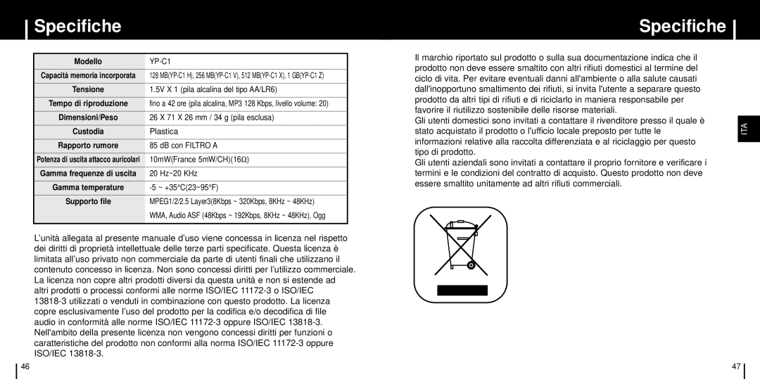 Samsung YP-C1Z/ELS manual Specifiche 