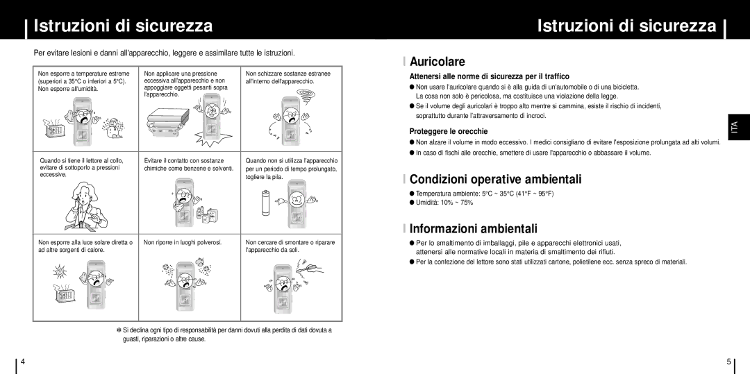 Samsung YP-C1Z/ELS manual Istruzioni di sicurezza, Auricolare, Condizioni operative ambientali, Informazioni ambientali 