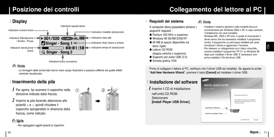 Samsung YP-C1Z/ELS manual Posizione dei controlli Collegamento del lettore al PC, Display, Inserimento della pila 