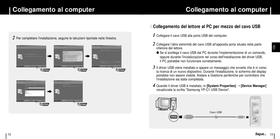 Samsung YP-C1Z/ELS manual Collegamento al computer, Collegamento del lettore al PC per mezzo del cavo USB 