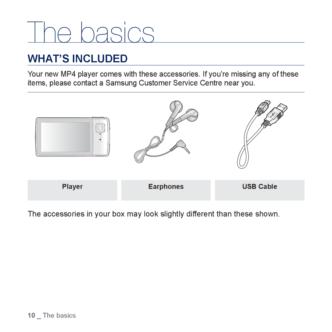 Samsung YP-CP3AB/EDC, YP-CP3ABB/XEF, YP-CP3AB/XEF, YP-CP3AB/CHN manual Basics, WHAT’S Included 