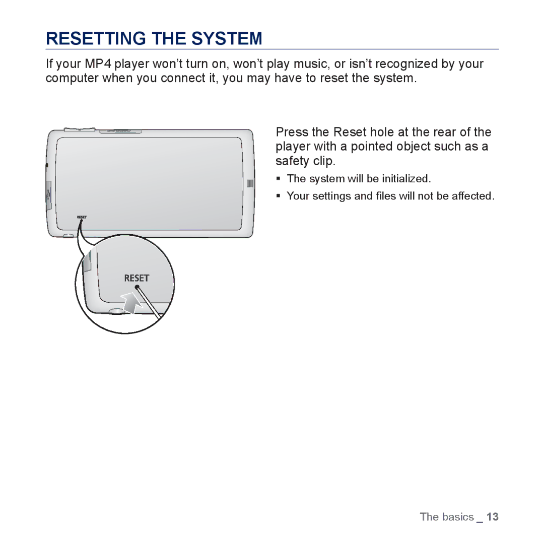 Samsung YP-CP3AB/XEF, YP-CP3ABB/XEF, YP-CP3AB/EDC, YP-CP3AB/CHN manual Resetting the System 