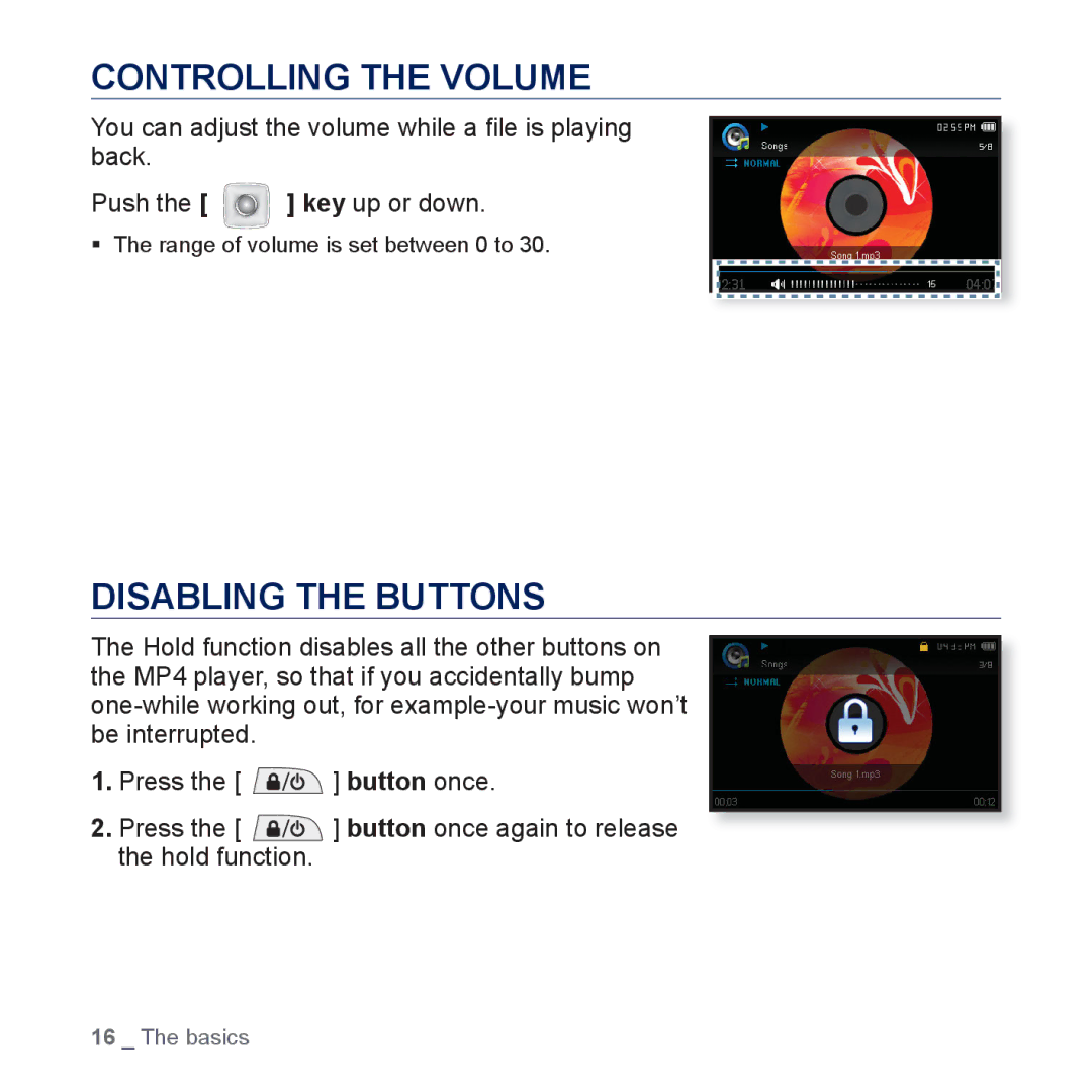 Samsung YP-CP3ABB/XEF, YP-CP3AB/XEF, YP-CP3AB/EDC, YP-CP3AB/CHN manual Controlling the Volume, Disabling the Buttons 