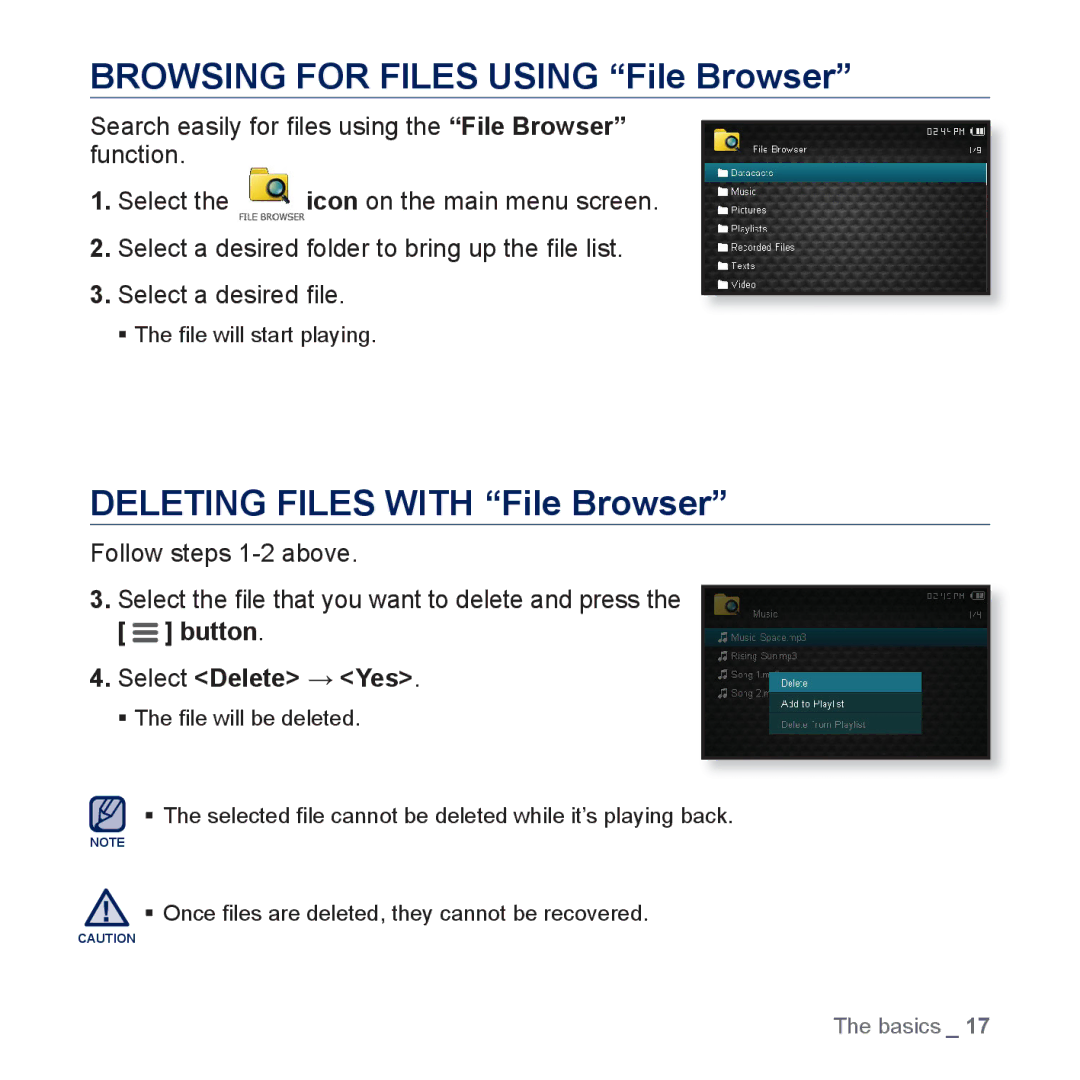 Samsung YP-CP3AB/XEF manual Browsing for Files Using File Browser, Deleting Files with File Browser, Select Delete Yes 